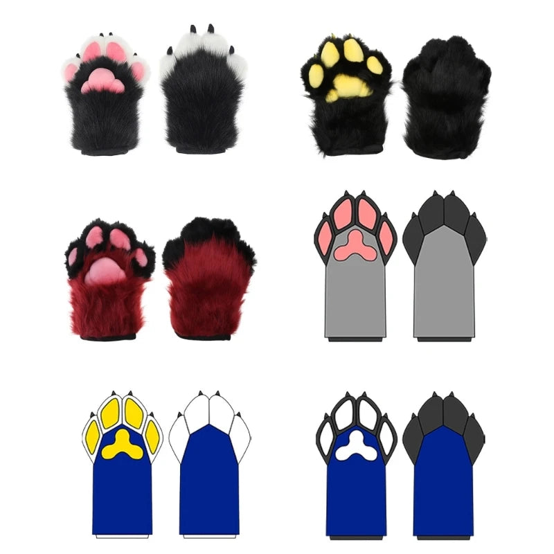 Dospita Cute Furry Paw Gloves Wolf Bear Animal Paw Plush Mittens for Women Girls