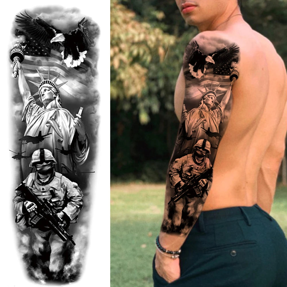 Dospita  -  Black Forest Wolf Temporary Tattoos Sleeve For Men Women Fake Soldier Compass Eye Tattoo Sticker Full Arm Washable Tatoos Sets