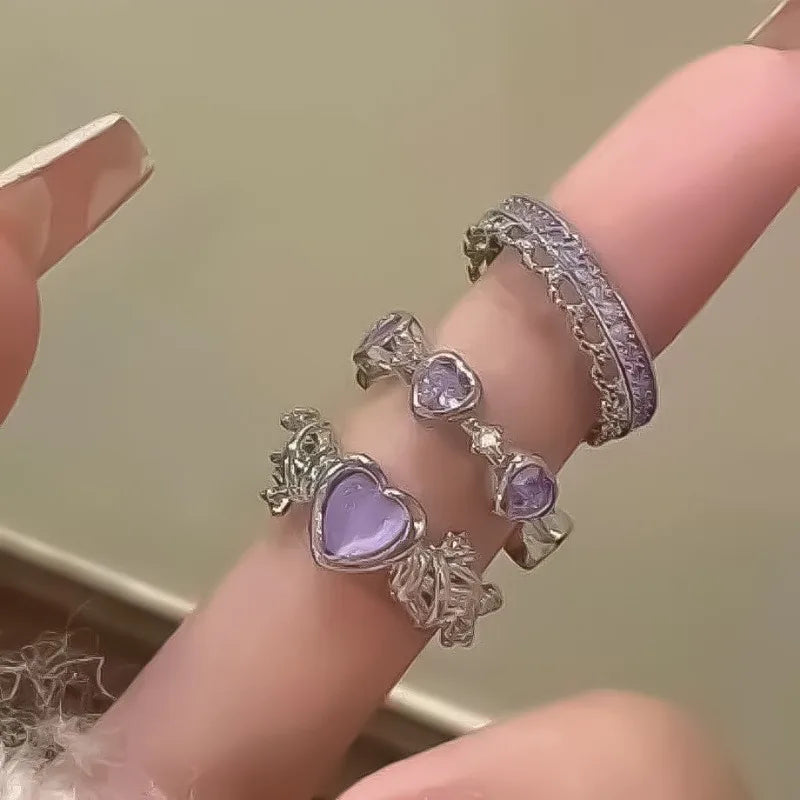 Dospita 3PCS Y2K Irregular Heart Rings for Women Creative Purple Crystal Love Geometric Open Finger Ring Set Trendy Vintage Jewely Gifts