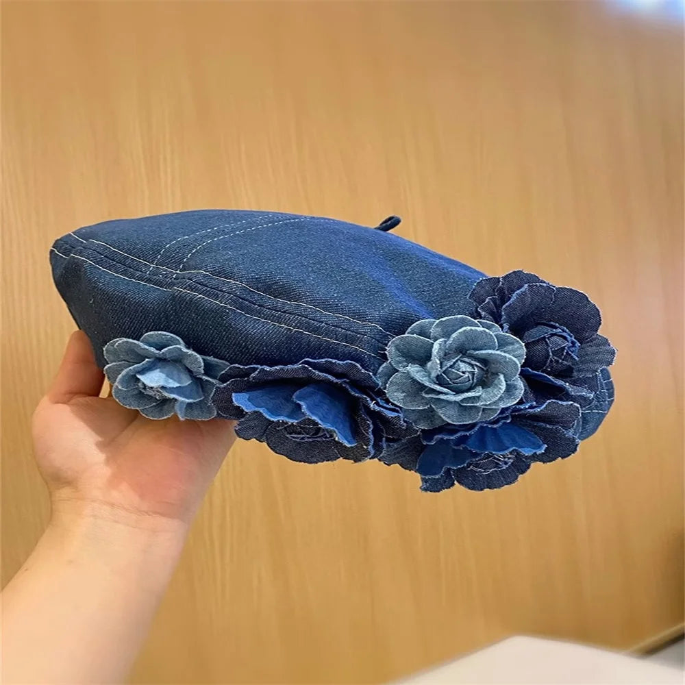 Dospita Y2K Korean Designer Vintage Elegance Denim Blue Camellia Beret Hats For Women Spring Summer Femininity Niche Casual Painter Caps