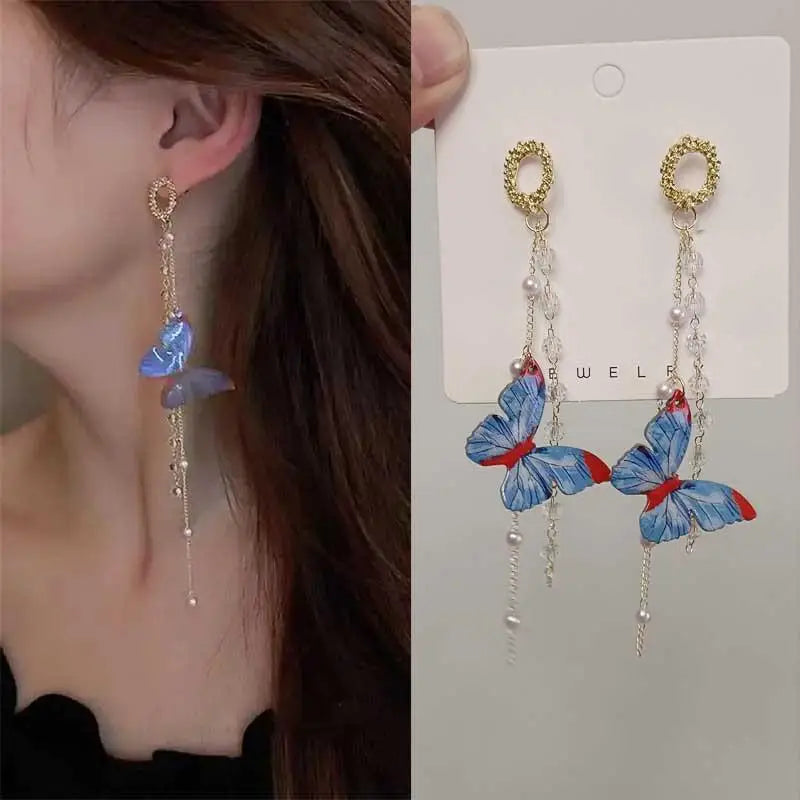 Dospita  -   Needle Purple Butterfly Long Tassel Earrings For Women Jewelry Trending Korean Fashion Luxury Crystal Earrings