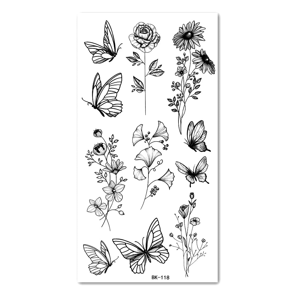 Dospita  -  Black Butterfly Temporary Tattoo Sticker Colorful Flower Body Legs Arm Art Realistic Fake Tattoo Festival Party Bikini Tattoos