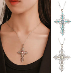 Dospita Cool Pink Purple Gothic Rhinestone Cross Necklace for Woman Y2K Cubic Zirconia Punk Hollow Pendant Statement Necklace Jewelry