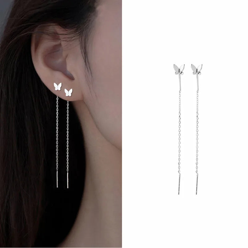 Dospita  -  New Elegent Butterfly Long Tassel Ear Line Dangle Earrings For Women Korean Sweet Temperament Pearl Drop Earrings New Jewelry