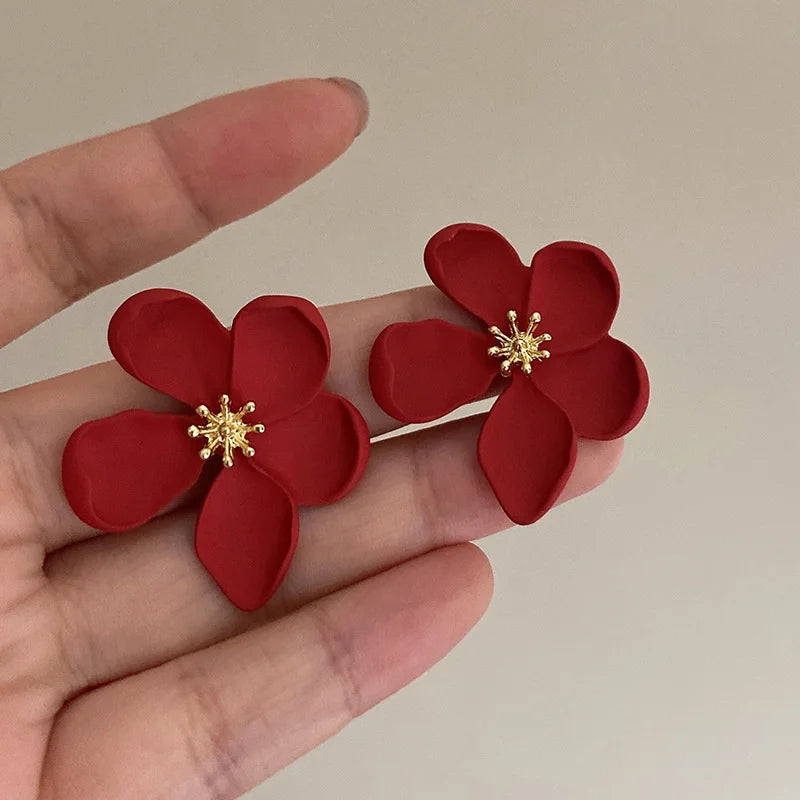 Dospita  -  Big Red Flower Stud Earrings For Women Vintage Retro Metal Geometric Ear Accessories Holiday Party Gift OL Fashion Jewelry