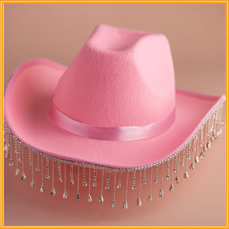 Dospita Rhinestone Fringe Western Cowboy Hat Tiara Cowgirl Hat Western Style Girl Wide Brim Felt Cowgirl Cap Costume Cosplay Party Hats