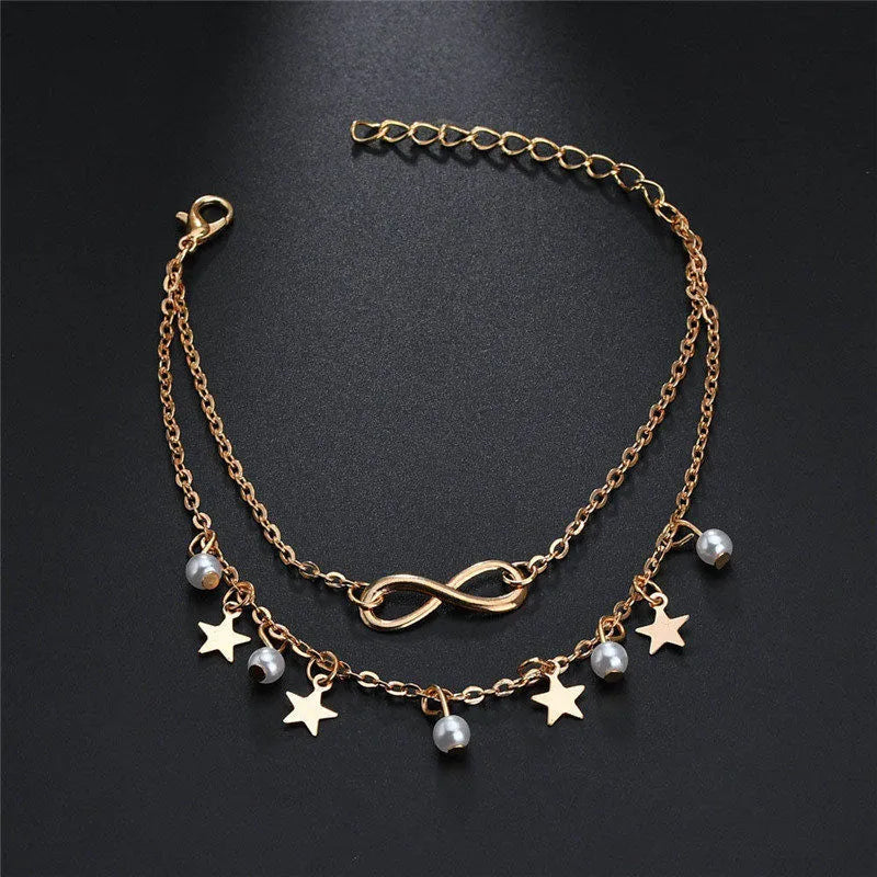 Dospita Boho Gold Color Star Infinity Anklets Fashion Multilayer Foot Chain New Simulated Pearl Anklet Bracelet for Women Beach Jewelry