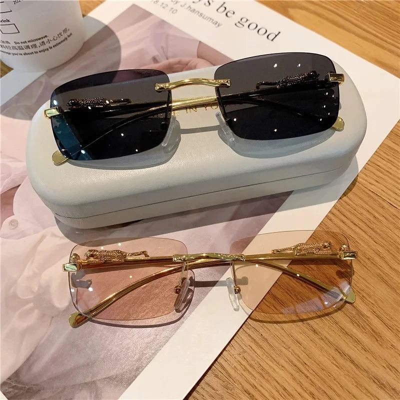 Dospita Luxury Design Clear Shades Sunglasses Women Small Rectangle Gold Metal Frameless Cheetah Rimless Sun Glasses Men Glasses Frames