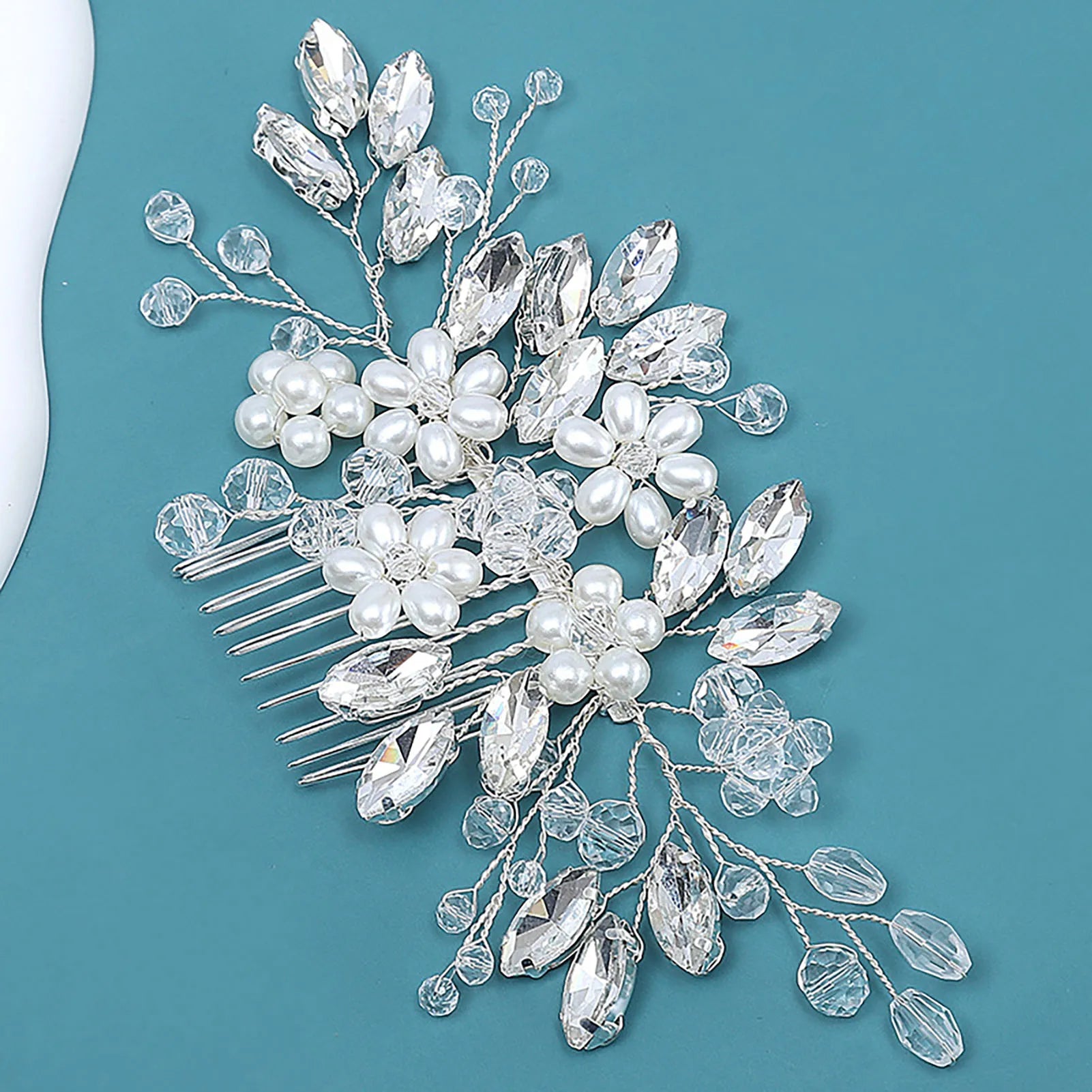 Dospita Silver Color Hair Comb Girls Handmade Pearl Hairpin Flower Hair Comb Bridal Tiaras Wedding Hair Accessory Women Head Jewelry