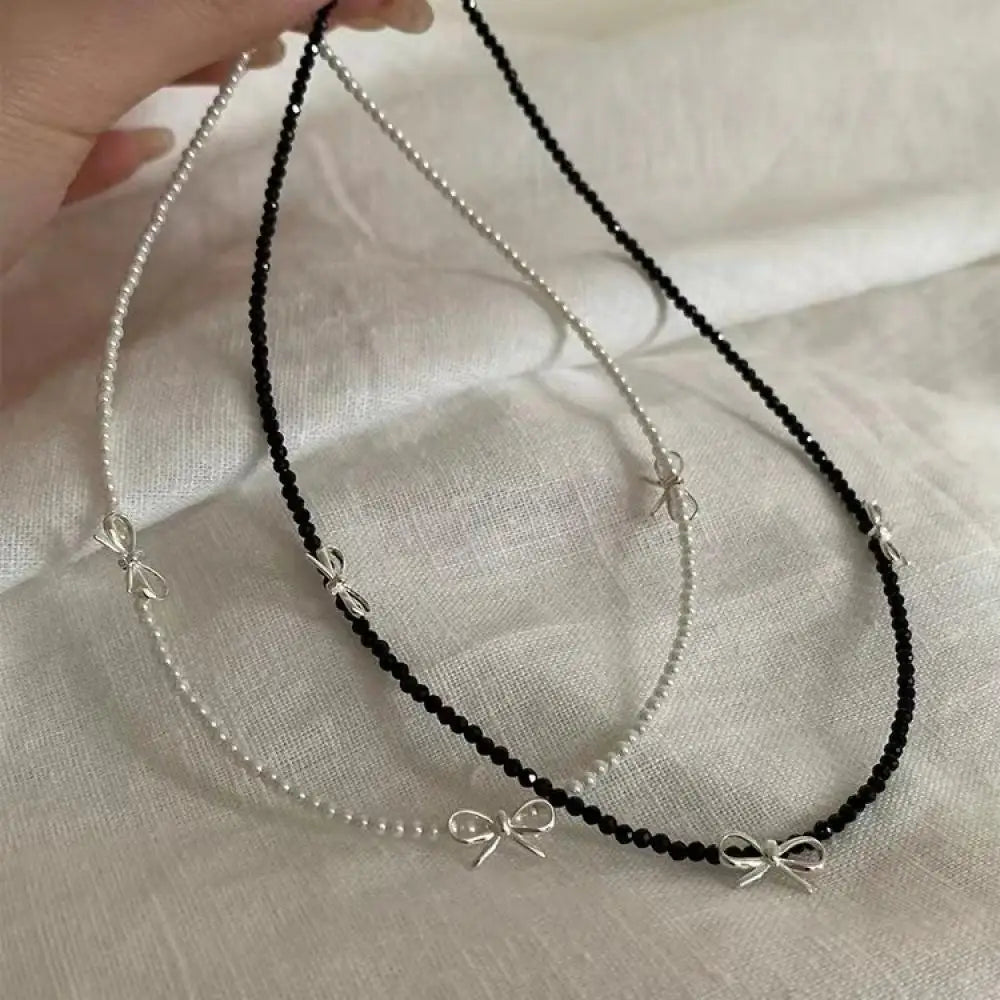 Dospita Goth Y2K Aesthetic Black Beaded Bowknot Necklace Bracelet for Women Girls Clavicle Chain Choker Sweet Cool Pendant Accessories