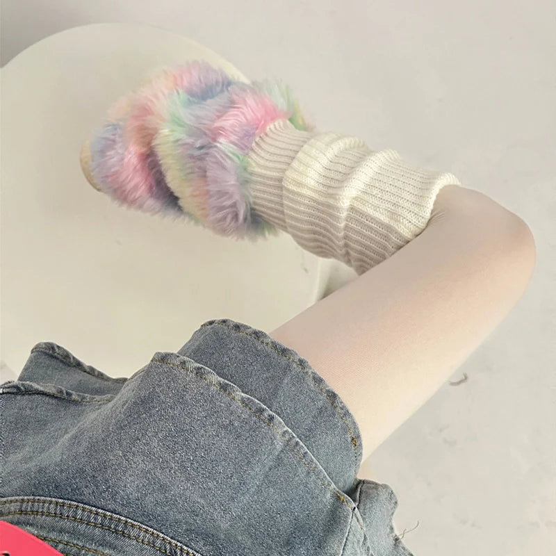 Dospita Cute Colorful Rainbow Leg Warmer Plush Imitation Fur Japanese Women Knitted Over Knee Tube  Winter Warm Long Leg Cover Socks