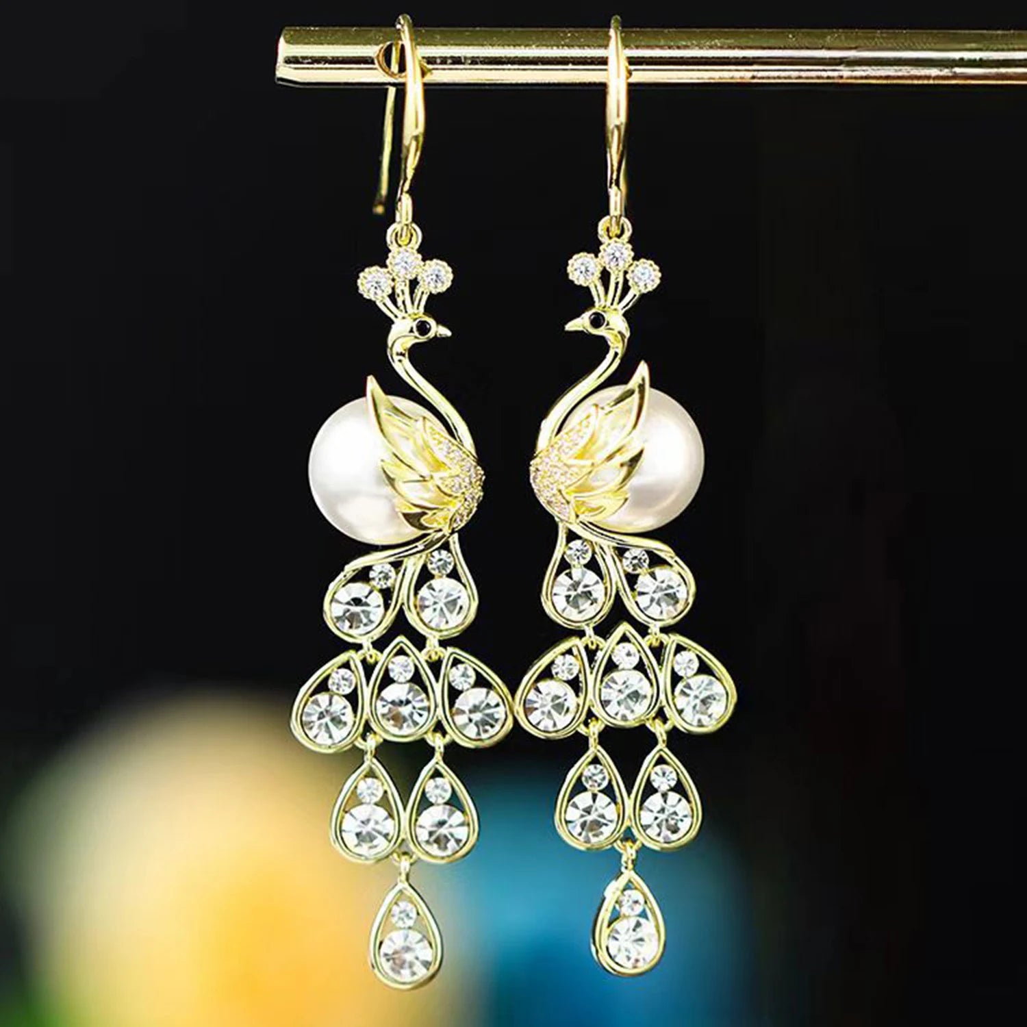 Dospita Luxury Peacock Rhinestone Earrings Ladies Long Pearl Crystal Drop Earrings For Women Weddings Bride Jewelry