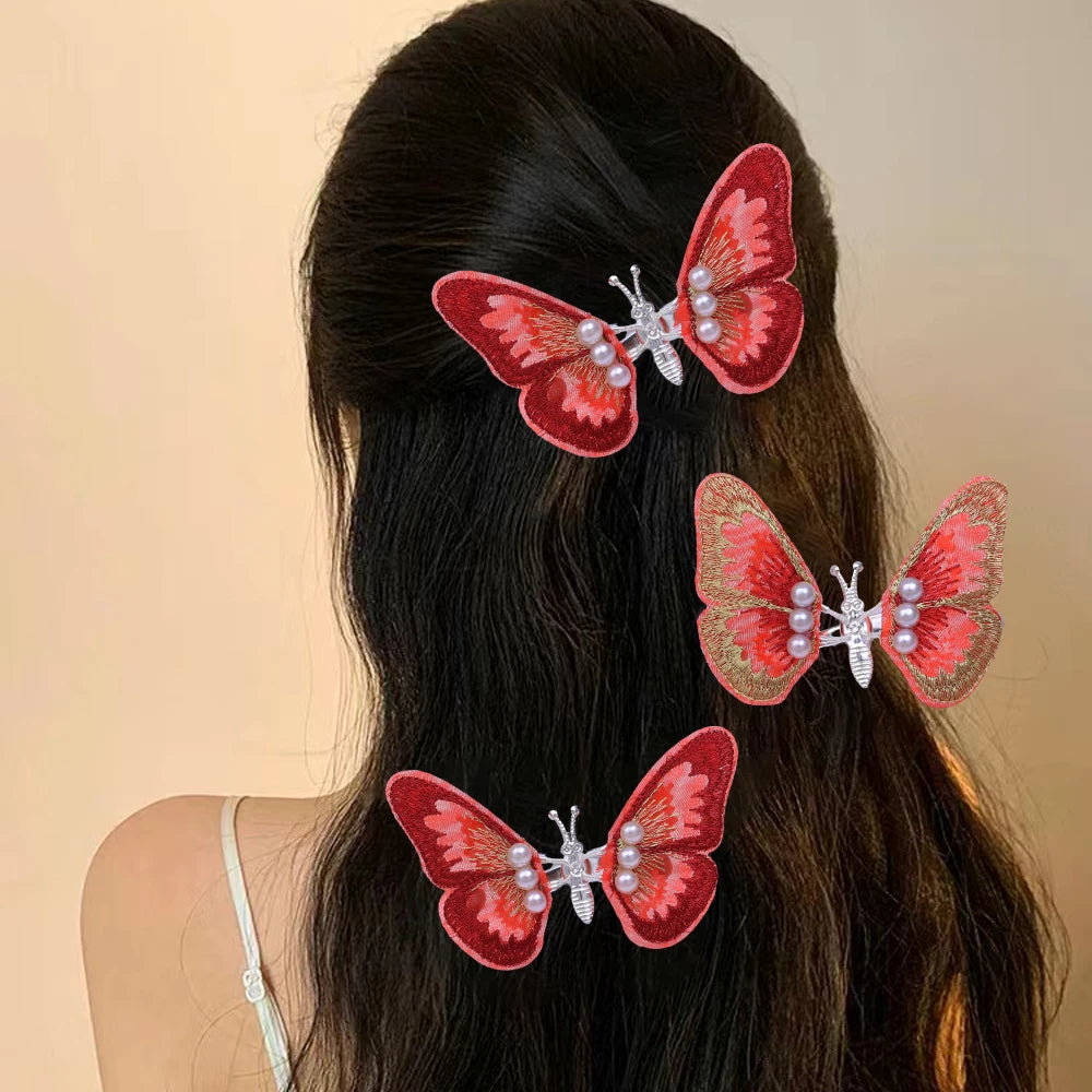 Dospita  -  2pcs Red Butterfly Hairpins Girl Clips Barrettes Women New Year Sweet Ornament Headwear Hairclips Fashion Hair Accessories