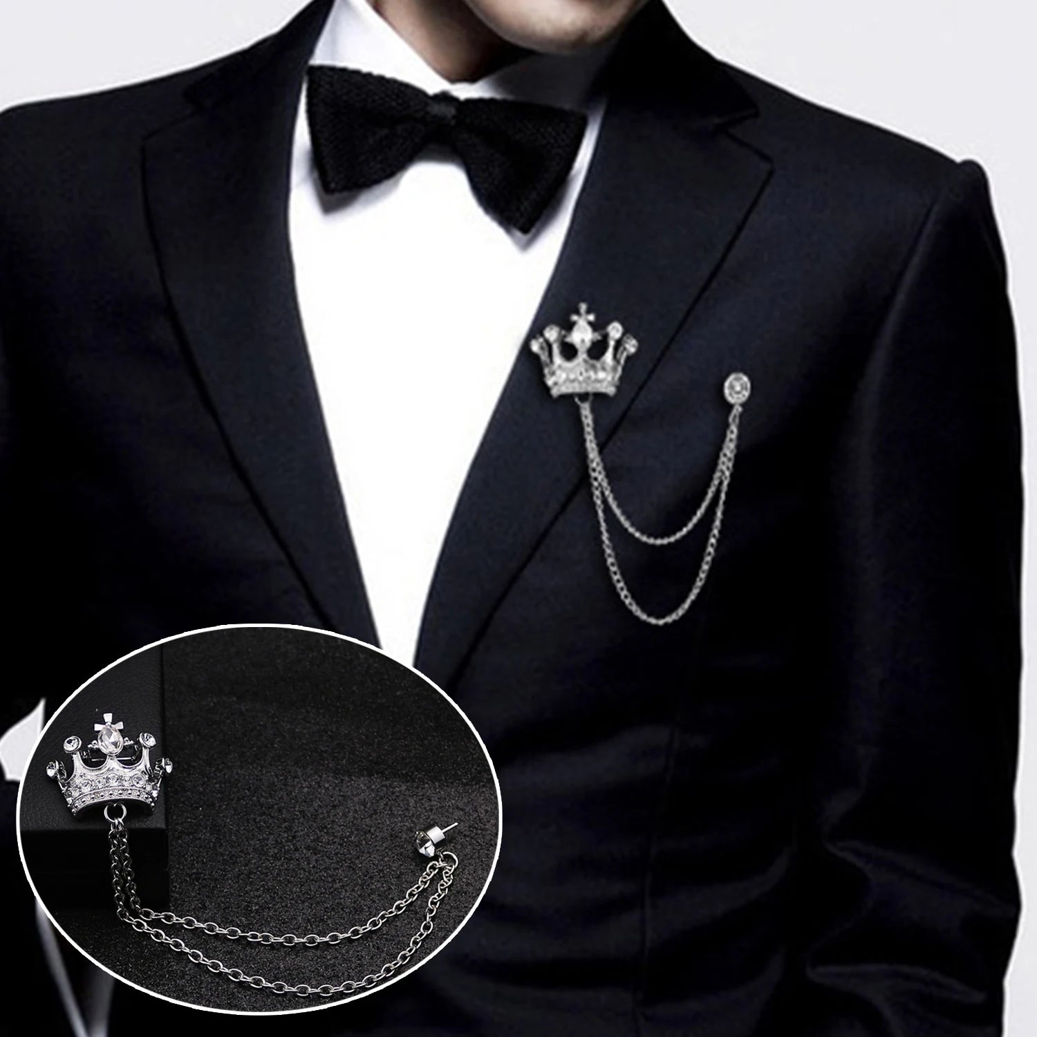 Dospita Korean Luxury Rhinestone Crown Brooch Pin Tassel Lapel Pins Suit Shirt Collar Badge Corsage Brooches For Men Jewelry Accessories