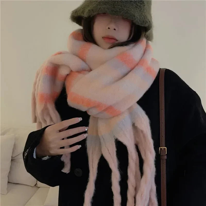 Dospita  -  1PC New Soft Winter Cashmere Scarf Multi-style Warm Long Tassel Scarves Mohair Thickened Wrap Shawls for Women Girls 230*40cm