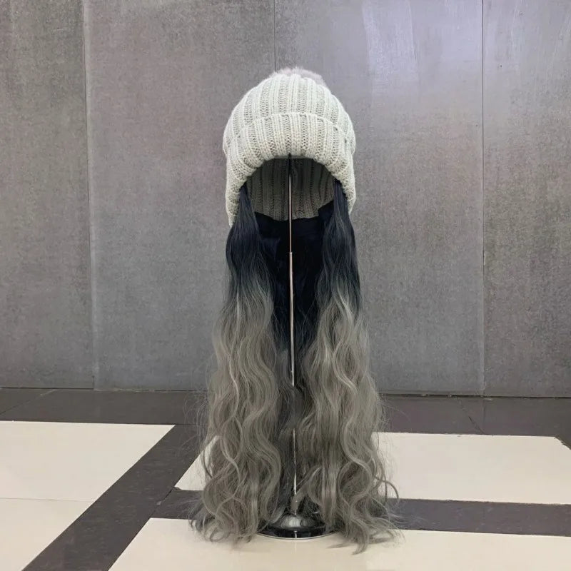 Dospita Gradient Wigs Hat Women Long Curly Wig Hat Trends Knitted Warm Wig Hats Beautiful Casual Wig Beanies Chic Elegant Wig Bonnets