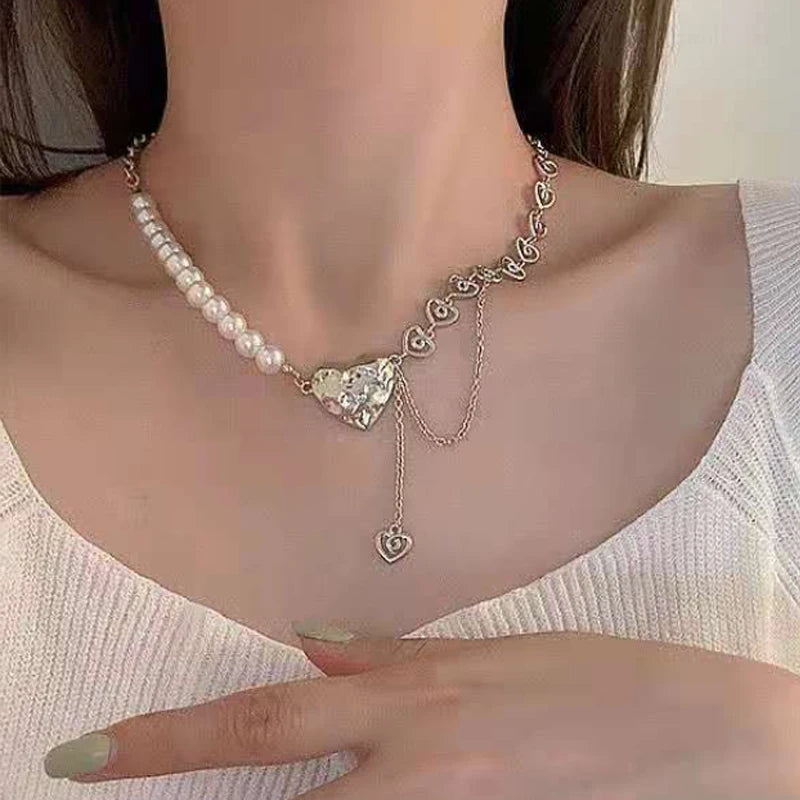 Dospita Trendy Hollow Love Heart Shaped Pendant Necklace Chain Shiny Women Irregular Y2K Jewelry Silver Color Choker Jewelry Gift