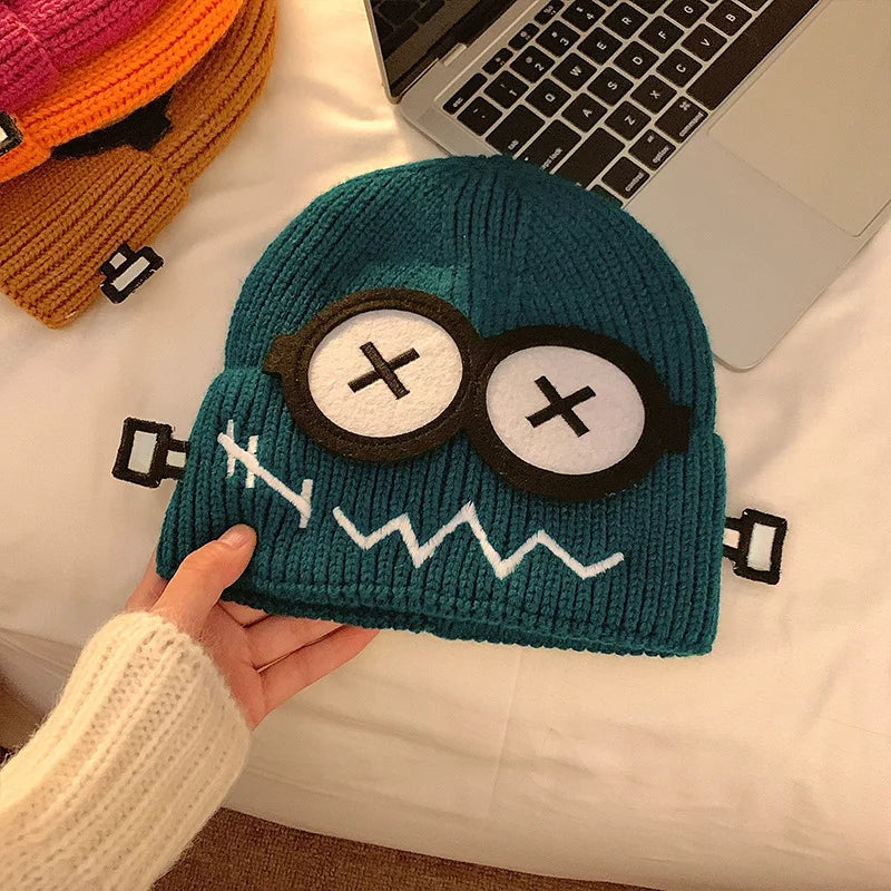 Dospita  -  Kpop Cute Cartoon Cuff Beanie Cap Women's Candy Color Big Eyes Smile Skullies Hat Fashion Streetwear Student Warm Winter Knitted