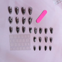 Dospita 24PCS Long Press On NailsStiletto Black Silver Bowknot Dissymmetry Fake Nails Powder Full Cover Fake Nail Set Cheap Nails