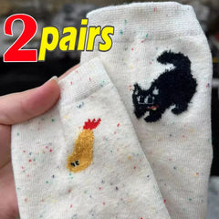 Dospita  -  1/2pairs New Autumn Vintage Dot Women Cat Fish Socks Cute Cartoon Cat Fish Pattern Middle Tube Socks Soft Thermal Warm Crew Sock