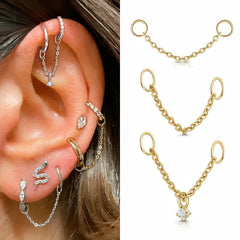 Dospita  -  1PC Link Chain Ear Piercing Nose Hinged Earring with Round Zricon Pendant Ins Fashion Gold Color Piercing Chains Body Jewelry