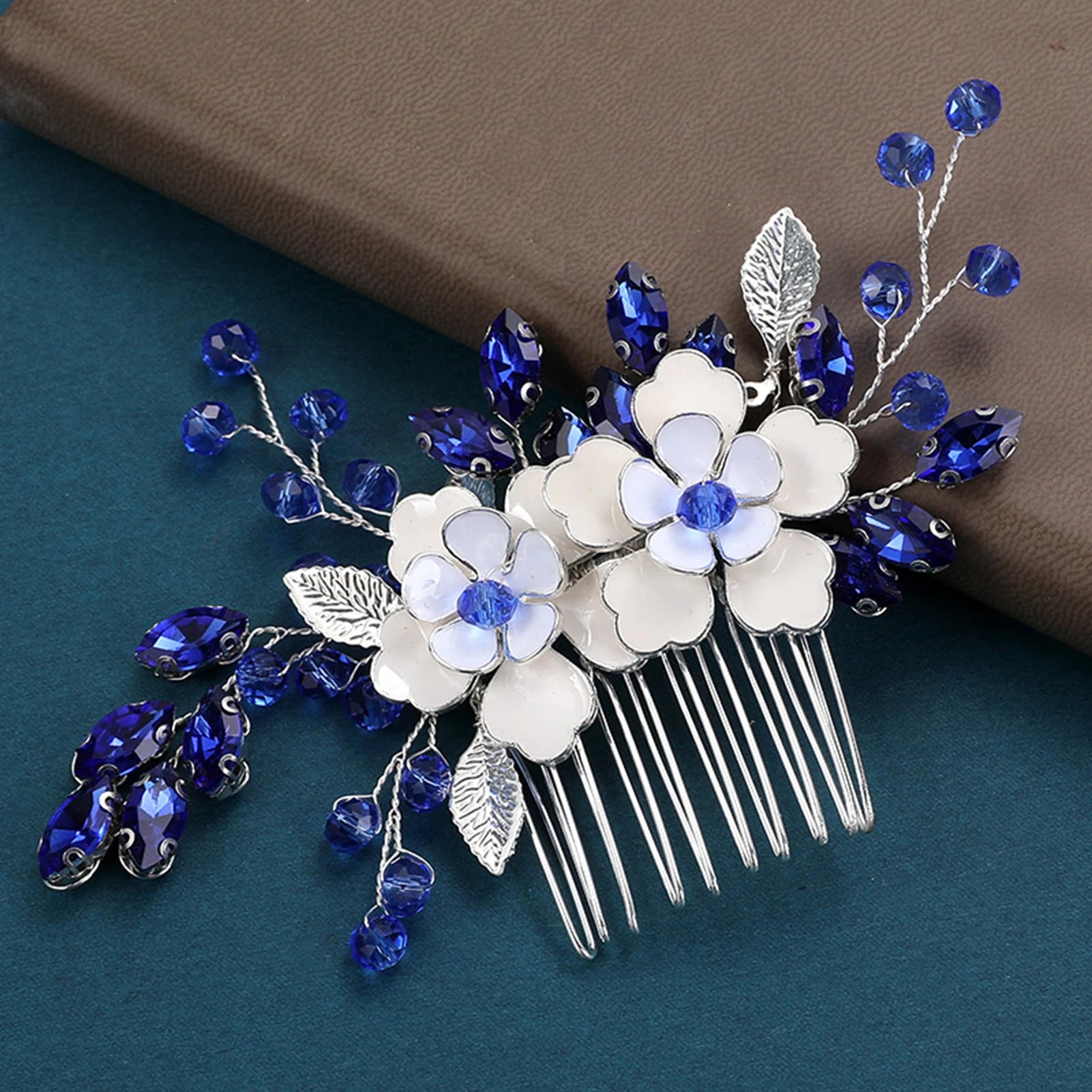 Dospita Wedding Flower Hair Combs Hairpins Clips for Bride Women Hair Jewelry Accessories Blue Rhinestone Headpiece Hair Styling Jewelry