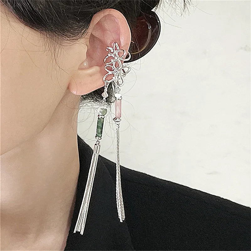 Dospita Vintage Chinese Style Artificial Jade Tassel Flower Ear Clip No Piercing Earring Trendy Punk Metal Ear Cuff Clip Earring