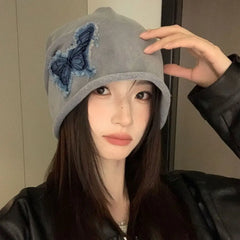 Dospita Fashion Y2k Butterfly Beanies Patch Korean Style Retro Skullies Pile Cap Rolled Edge Pullover Hat Outdoor