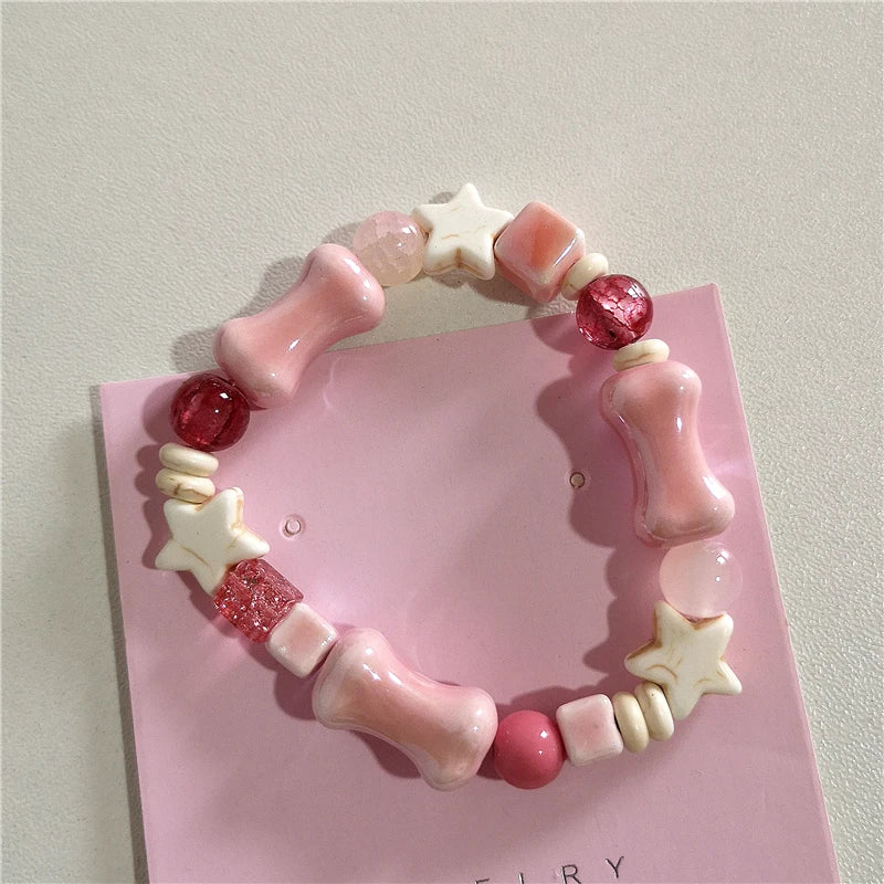 Dospita  -  Cute Y2K Harajuku Aesthetic Pink Acrylic Ceramic Star Beaded Bracelet For Girl EMO 2000s Charm Jewelry Accessories Birthday Gift