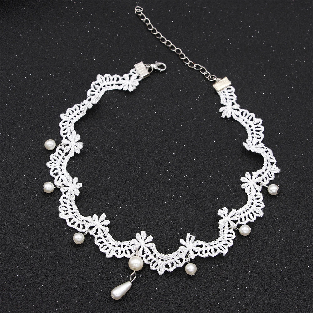 Dospita Elegant White Lace Choker Necklace With Imitation Pearls Gothic Pearl Tassel Choker Lolita Necklace Cosplay Party Jewelry Gifts