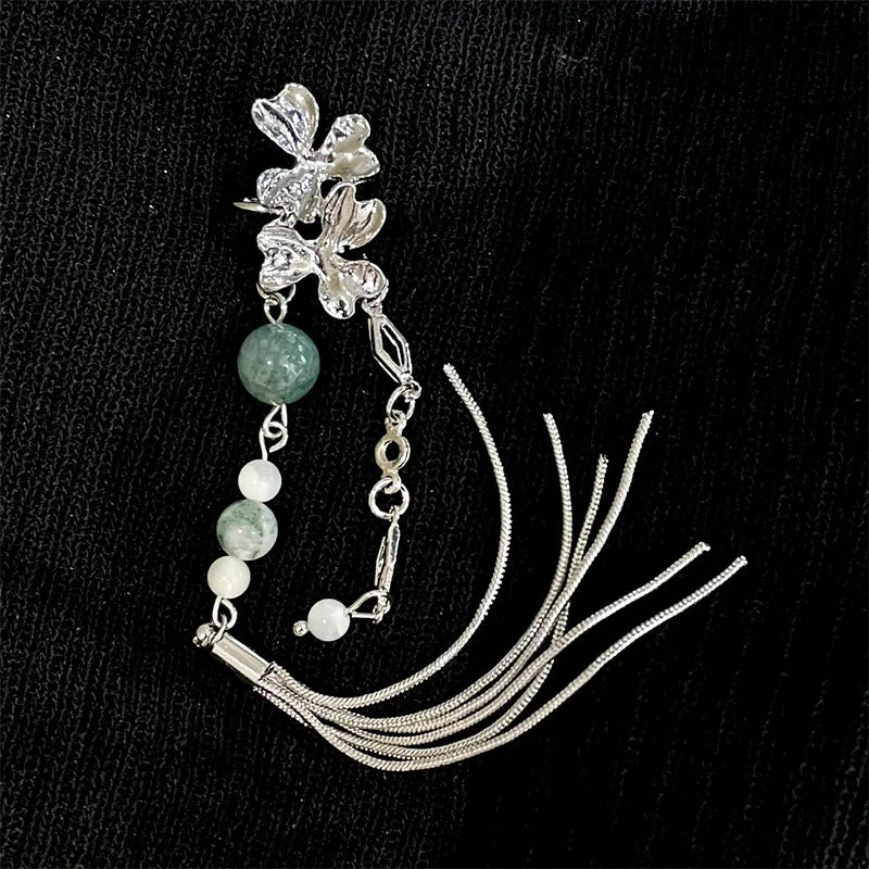 Dospita Vintage Chinese Style Artificial Jade Tassel Flower Ear Clip No Piercing Earring Trendy Punk Metal Ear Cuff Clip Earring