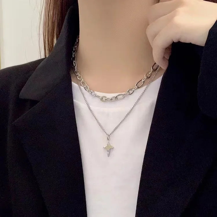 Dospita  -  New Design Double Layer Link Chain Cross Star Necklace for Women Man Teens Trendy Punk Hip hop Stainless Steel Choker