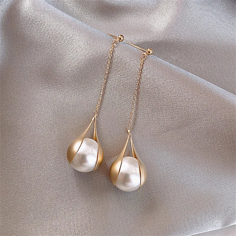 Dospita  -  Korean Long Tassel Pearl Dangle Earrings for Women Luxury Full Rhinestone Gold Color Drop Earrings Wedding Party Jewelry Gift