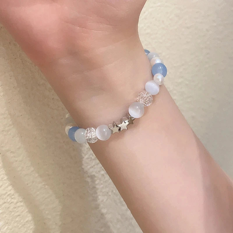 Dospita Harajuku Pentagram Pearl Beaded Bracelets for Women Korean Aesthetic Cute Star Blue Glass Ball Bracelets Y2k Jewelry Gifts