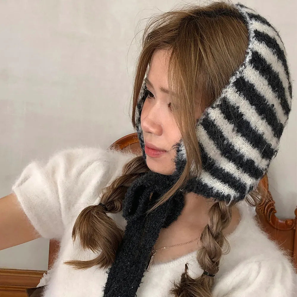 Dospita Retro Striped Scarf For Women Winter Warm Neckerchief  Neck Collar Scarfs Lady Earmuffs Girl Outdoor Coldproof Scarves Headbands