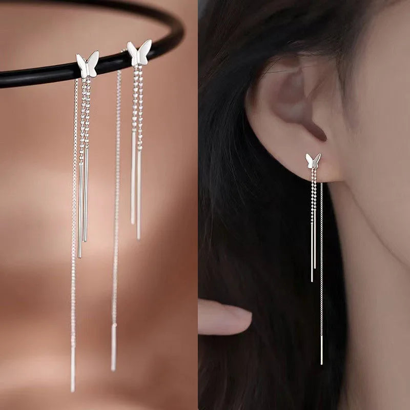 Dospita  -  Fashion Long Tassel Ear Line Earrings For Women Korean Temperament Crystal Fish Tail  Drop Earrings Girls Daily Party Jewelry