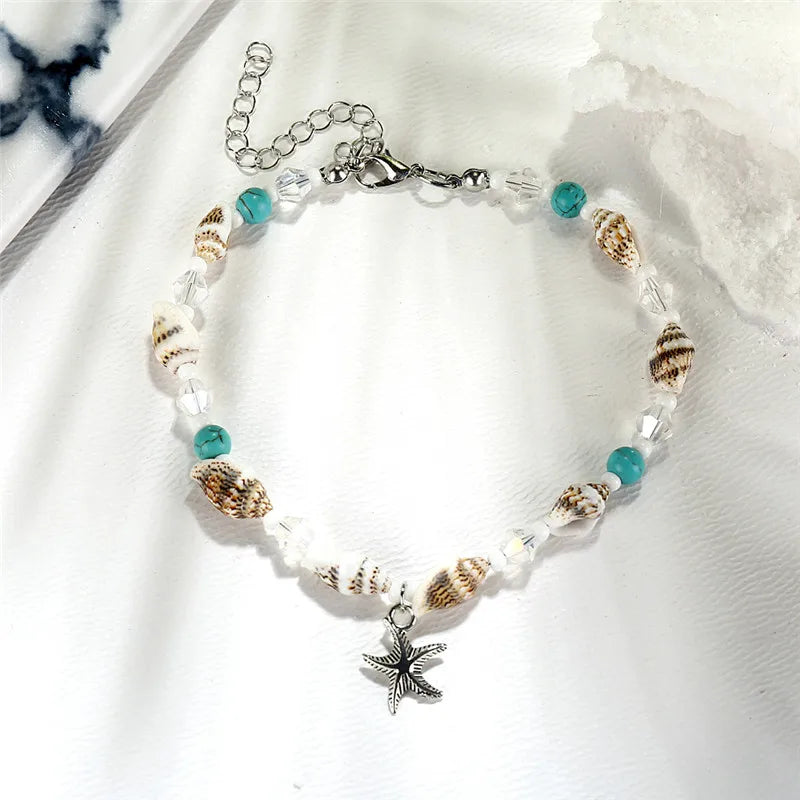 Dospita New Shell Beads Anklets for Women Silver Color Starfish Beach Leg Bracelet Handmade Bohemian Foot Chain Boho Jewelry Gift