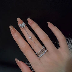 Dospita Double Finger Chain Rings for Women Ring Set Tassel Butterfly Cross Punk Rings Ladies Fashion Hip Hop Jewelry Gifts