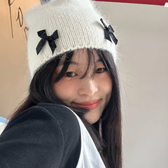 Dospita New Korean Designer Bow Angora Rabbit Hair Knitted Hat Women's Winter Knitted Fluffy Beanie Fashion Warm Plush Y2k Girls