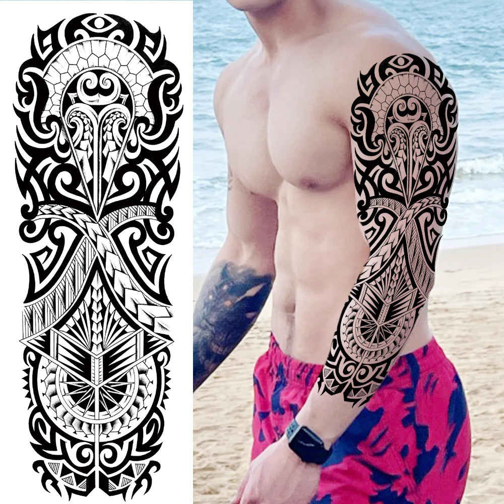 Dospita  -  Black Forest Wolf Temporary Tattoos Sleeve For Men Women Fake Soldier Compass Eye Tattoo Sticker Full Arm Washable Tatoos Sets