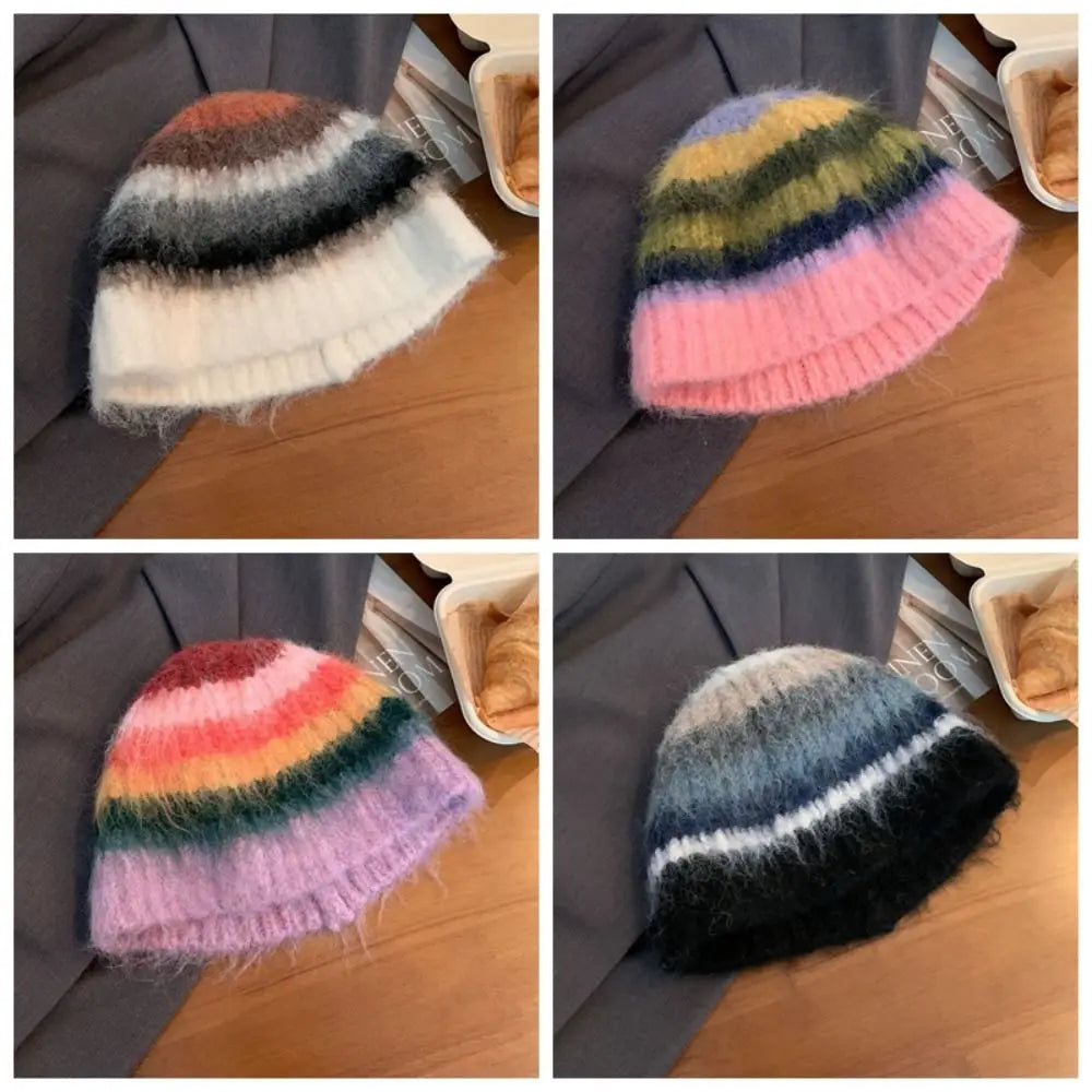 Dospita Fashion Korean Y2k Striped Hat Autumn Winter Casual Colored Woolen Hat Handmade Warm Women Beanie Hat Girls