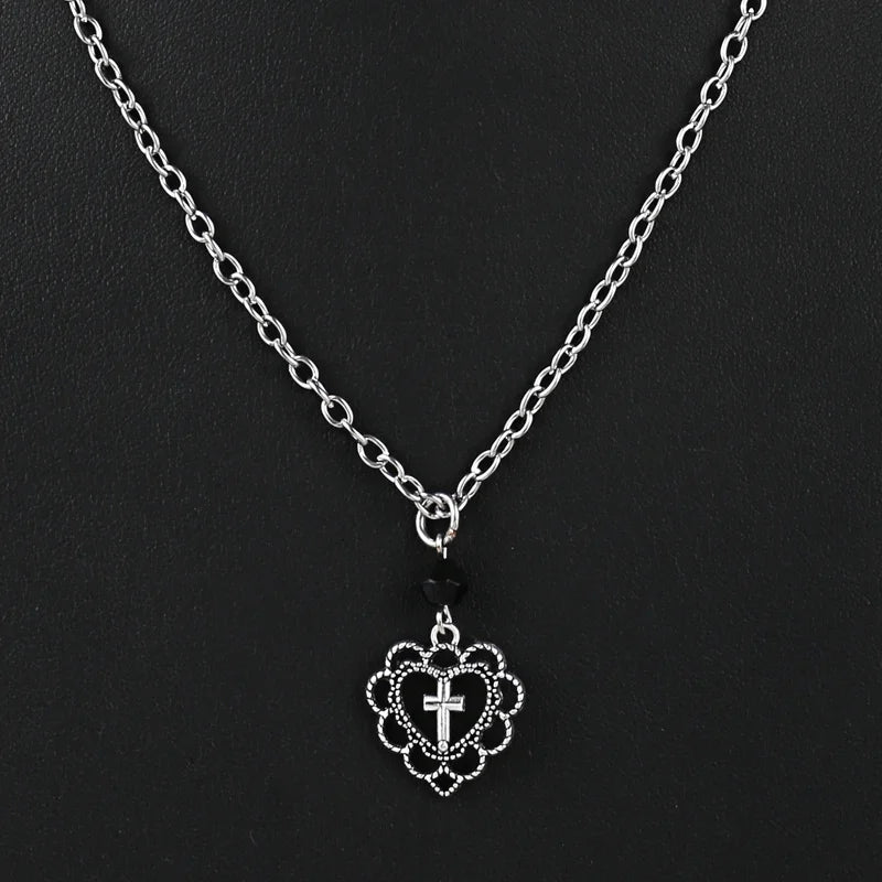 Dospita Gothic Punk Style Hollow Heart Cross Pendant Necklace Religion Dark Art Goth Jewellery Necklaces for Women Rock Metal Gifts