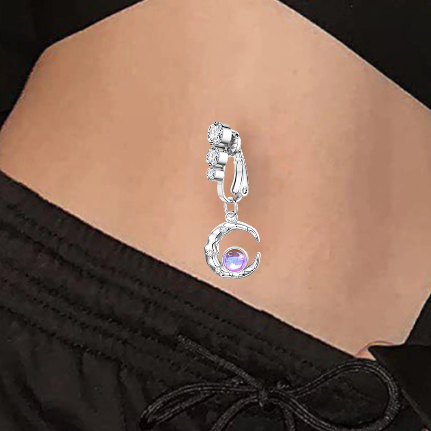 Dospita 1Pcs New Sexy Dangling Navel Clip Belly Button Ring 14G Moon Heart Cubic Zirconia Surgical Steel Body Fake Piercing Jewelry