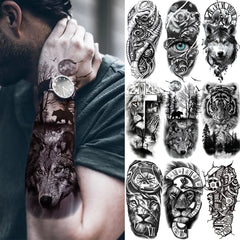 Dospita  -  1 Sheet Black Forest Tattoo Sticker for Men Woman Child Tiger Wolf Skull Flower Temporary Tattoo Skull King Animal Fake Tattoo