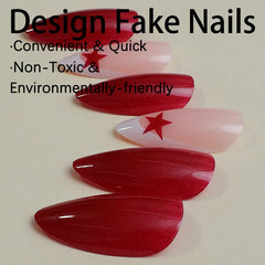 Dospita French Fake Nails Red Five-pointed Star False Nails Full Cover Press on Nail Tips y2k Nail Art Almond Artificial Nail Patches