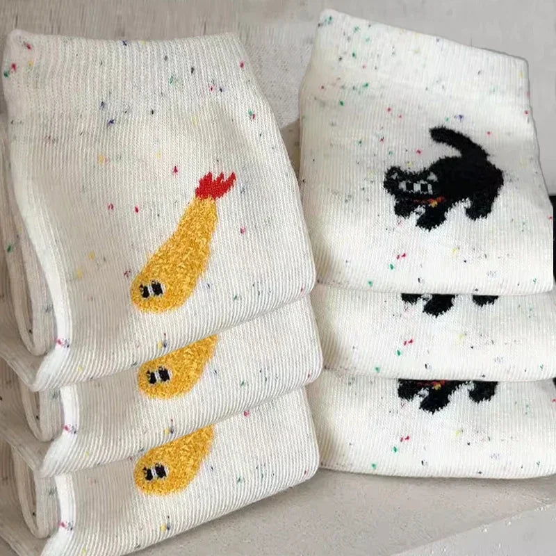 Dospita  -  1/2pairs New Autumn Vintage Dot Women Cat Fish Socks Cute Cartoon Cat Fish Pattern Middle Tube Socks Soft Thermal Warm Crew Sock