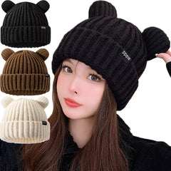 Dospita  -  Cute Bear Ear Knitted Wool Hat Women Fashion Hooded Thick Beanies Cap Winter Warm Woolen Hats Designer Kpop Personality Bonnet