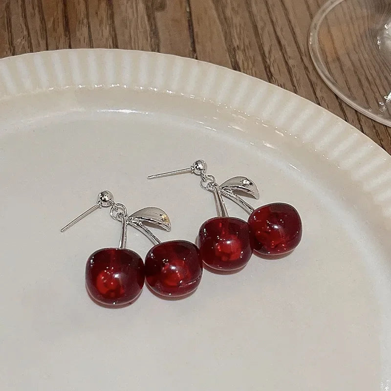 Dospita New Sweet Summer Red Transparent Cherry Fruit Fashion Long Ear Nail Earrings Fashion Black Anime Earring for Women Party Jewelry