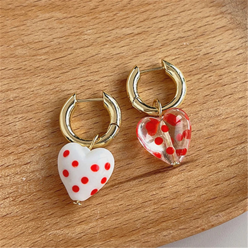 Dospita  -  New Vintage Sweet Red Glass Heart Water Droplets Asymmetrical Earrings for Women Girls Party Jewelry Accessories