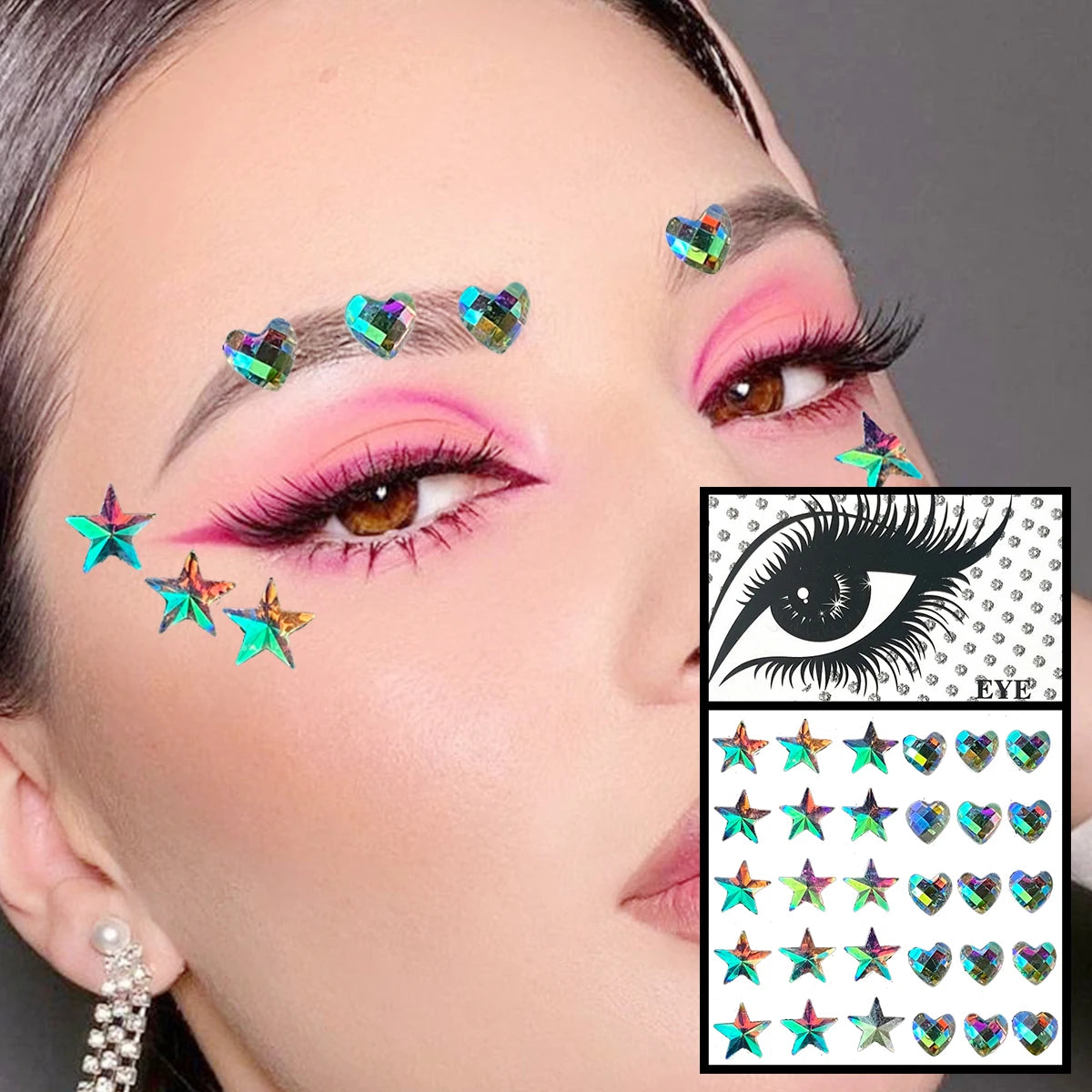 Dospita  -  Red Heart Face Jewelry Temporary Tattoos Eye Forehead Diamonds Jewels Makeup Sticker Sparkle Water Drop Gems Nail Art Festival